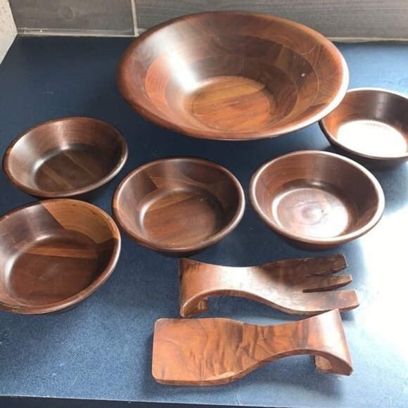 Mid-Century Modern Vermillion Real Walnut 7-Piece Salad Bowl Set With Serving Ut - Picture 3 of 12
